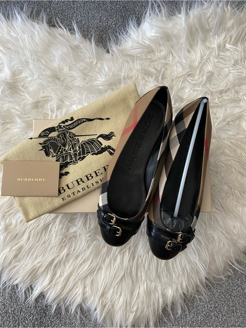 Burberry Classic Check Ballet Flats with Black Trim and Gold Buckles
